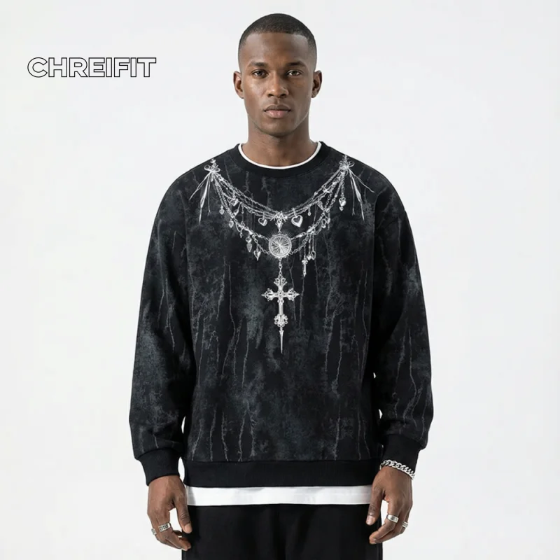

CHRIFIT Men's Gothic Cross Print Sweatshirt 2024 New Trendy Oversized Streetwear Long Sleeve Pullover Hoodie for Men Fashion Hip