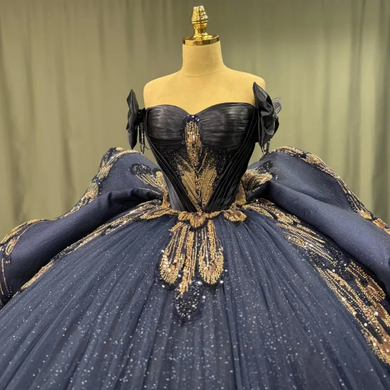 

Shiny dark blue Quinceanera Dress Crystal Glitter Decal Flower layering Long tail Bow Vestidos De 15 Quinceanera ﻿Customize