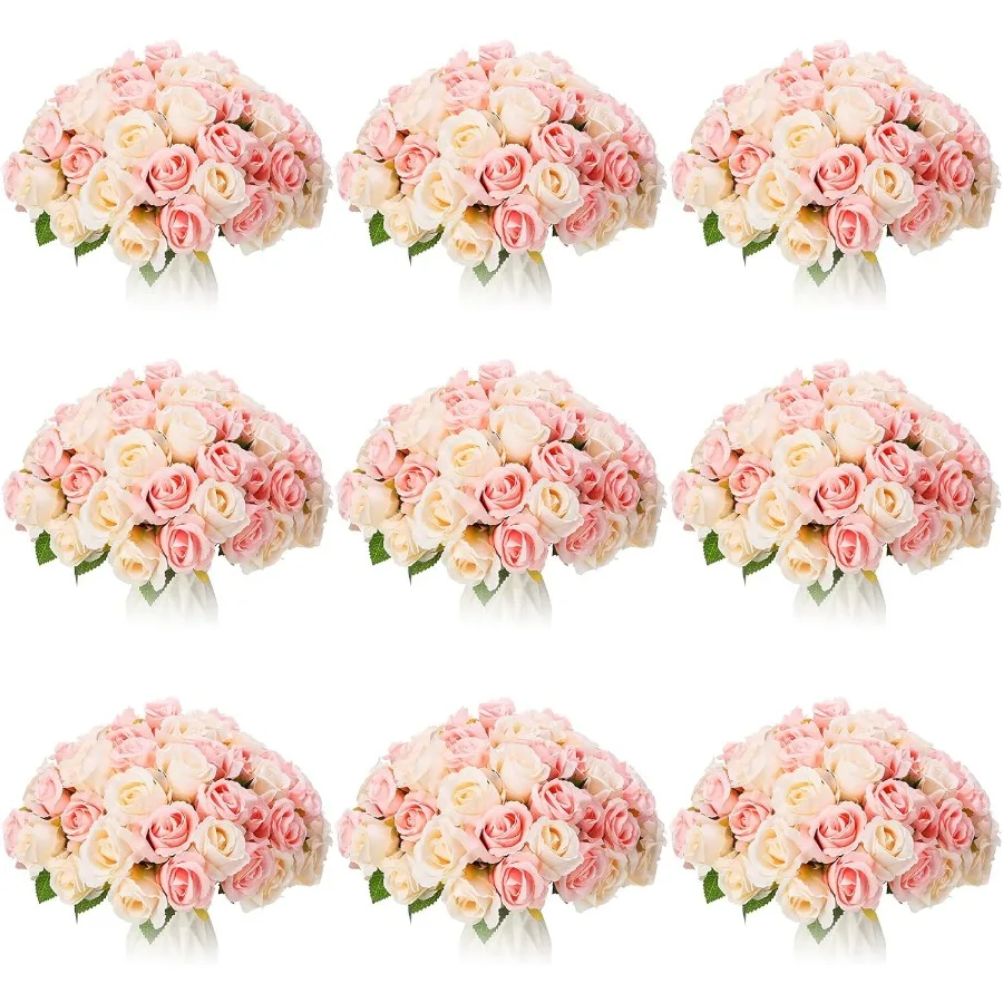 

10 Bouquets Artificial Rose Flowers 120 Pcs Pink and White Silk Fake Roses for DIY Bride Wedding Party Decorations Home Indoor