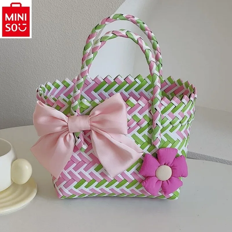 

MINISO Disney Princess Handmade Colorful Woven Bow Handbag for Women Sweet and High Quality Large Capacity Storage Beach Bag