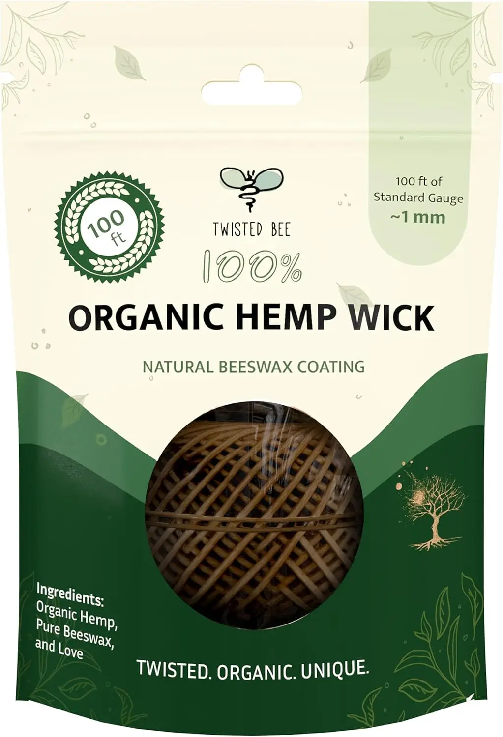 Organic Hemp Wick, Beeswax Coated, 100ft - Natural Alternative to Lighters