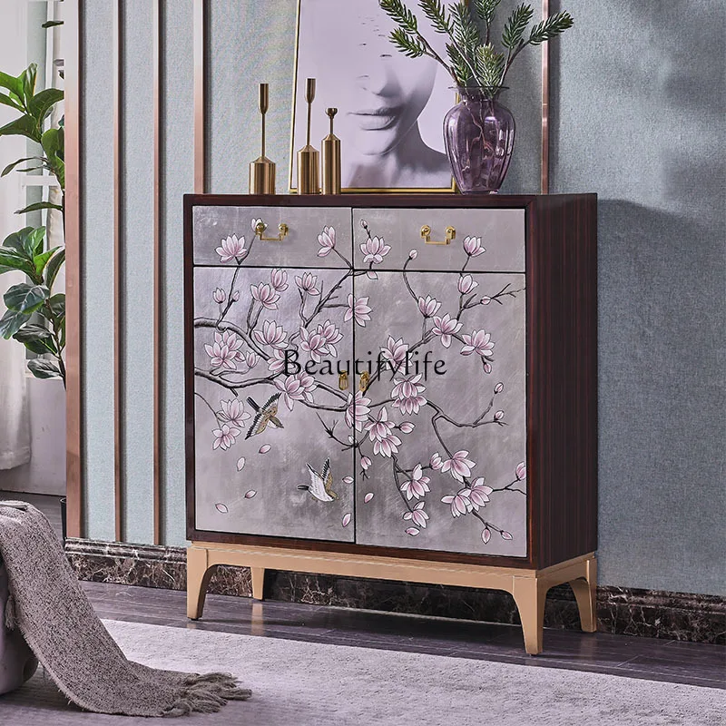 

New Chinese-style entrance cabinet home paint shoe cabinet painted black sandalwood foyer cabinet