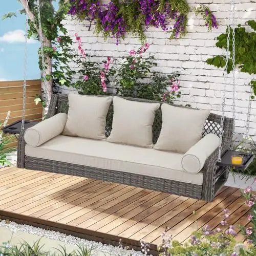 3 Seat Porch Swing, Wicker Patio Swing with Cup Holders & 3 Back Cushions, Yard Swing with Chains for Deck Garden