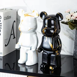 28cm Aesthetic Bear Figure Resin Marbling Bear Statue Animal Figurine Sculpture Luxury Living Room Decoration Desk Accessories