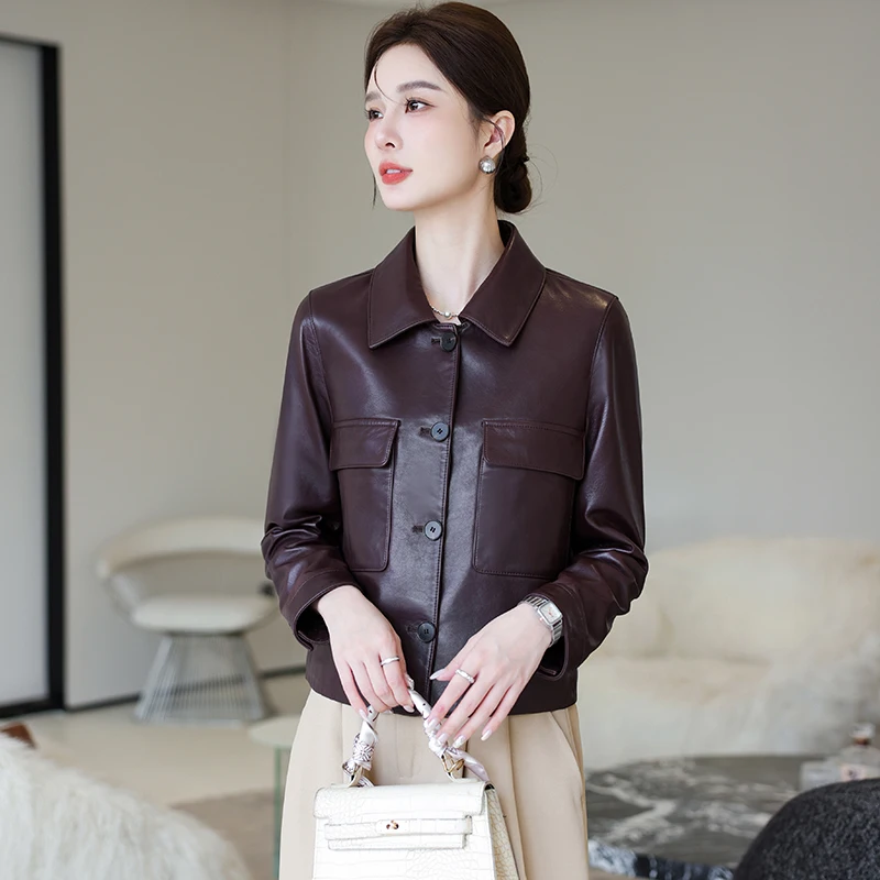 Genuine leather jacket, women's short and high-end sheepskin, middle-aged long sleeved fashionable lapel casual jacket