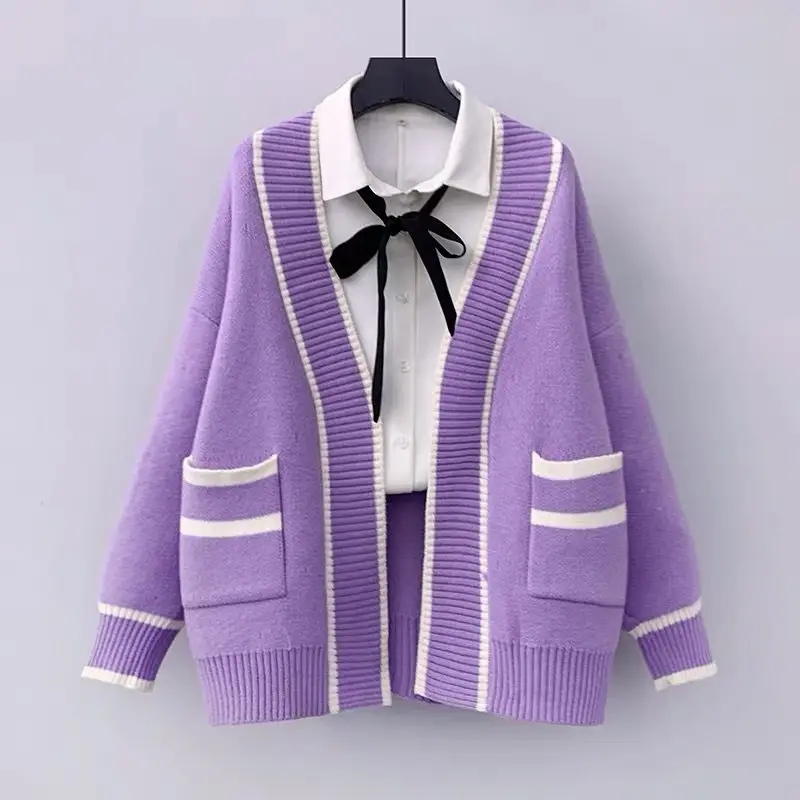 

2024Spring and Autumn New Korean Version Loose Mid Length Pocket Academy Style Fashion Sweater Cardigan Coat Women's Knit