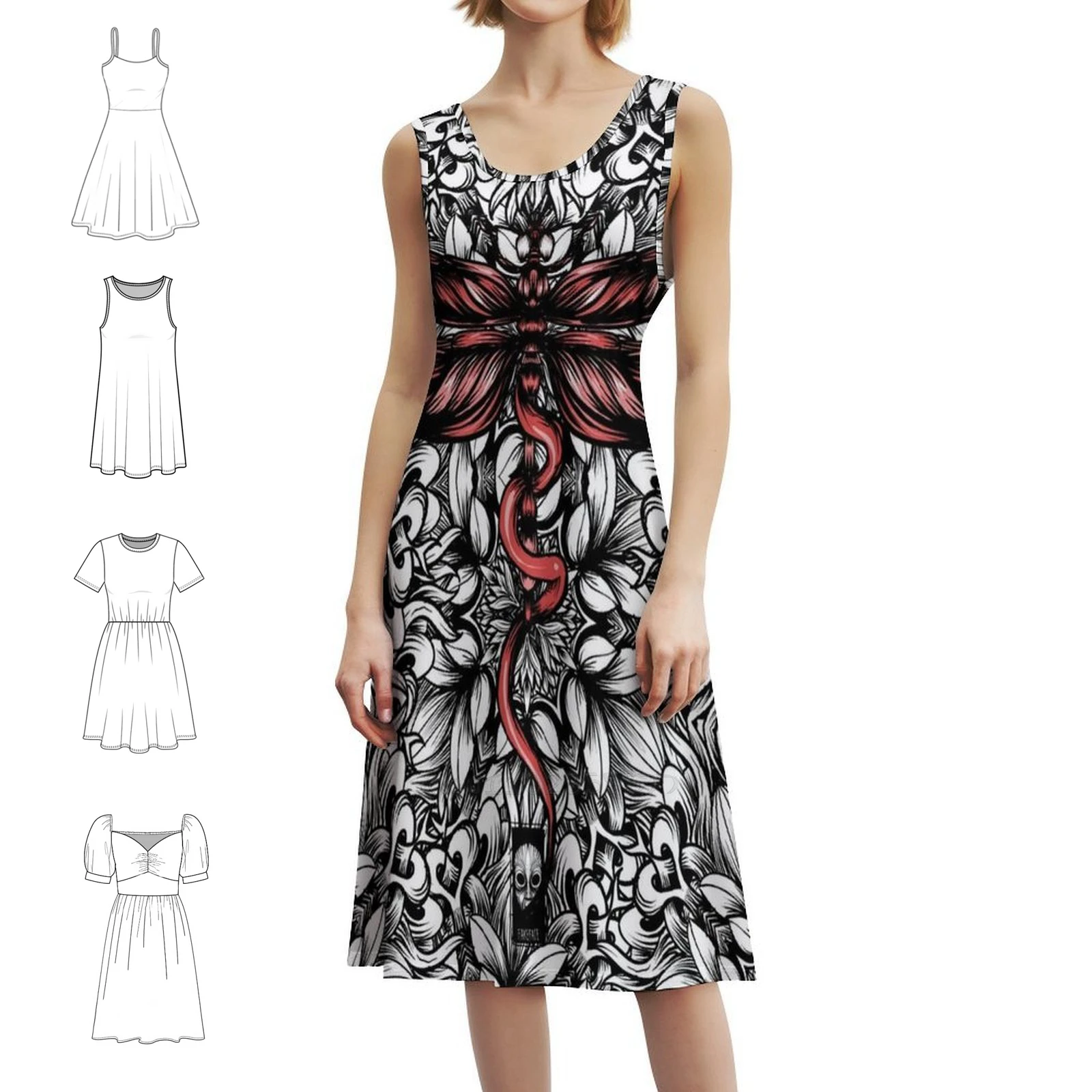 

Богемное платье без рукавов со стрекозой и несколькими принтами, пляжное праздничное платье для отдыха, насекомое, летающее, с искусственным лицом, вечернее платье Fakefaceart