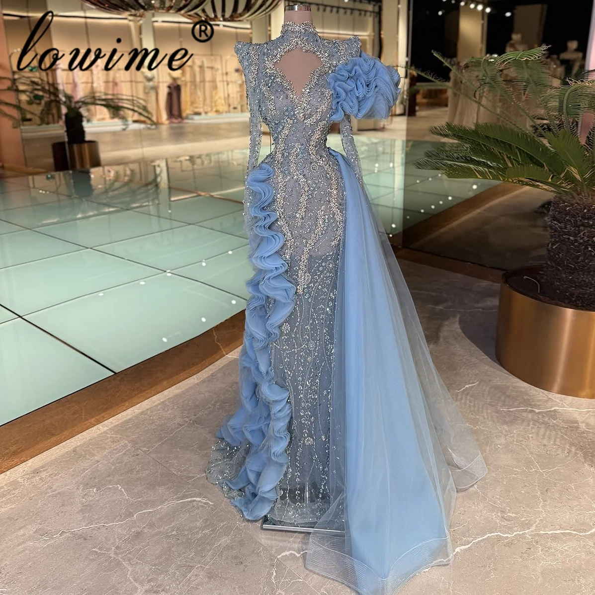 

Exquisite Light Blue Mermaid Prom Dress High Neck Long Sleeves Evening Dress with Side Train Luxury Crystal Red Carpet Gown 2026