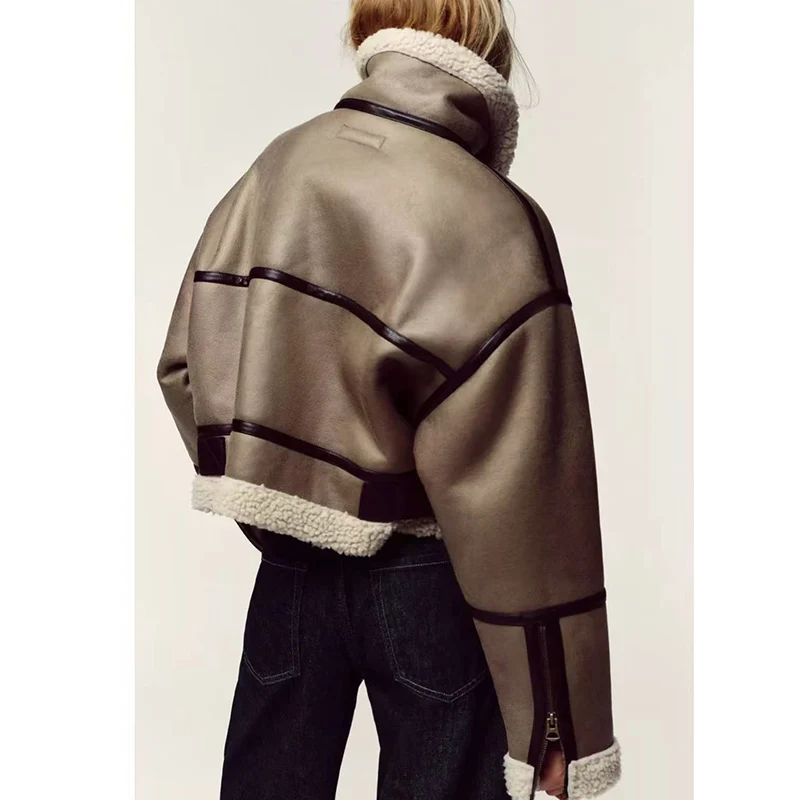 Retro Kurtka Motocyklowa z Kołnierzem, Barwiona Metodą Tie-Dye, z Futra i Skóry, Damska, Krótka, Casualowa, Luźny Krój, Jednolity Kolor, Zapinana na Zamek, Jesień Zima Nowość