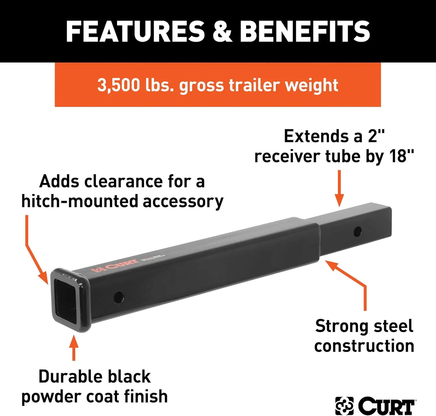 CURT 45796 18-Inch Long Trailer Hitch Extension for 2-Inch Receiver, 3,500 lbs , Black