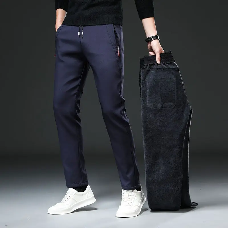 

Winter velvet Casual Pants Men Thick Business Stretch Slim Elastic Waist Jogger Outdoors Classic Fleece Trousers Male