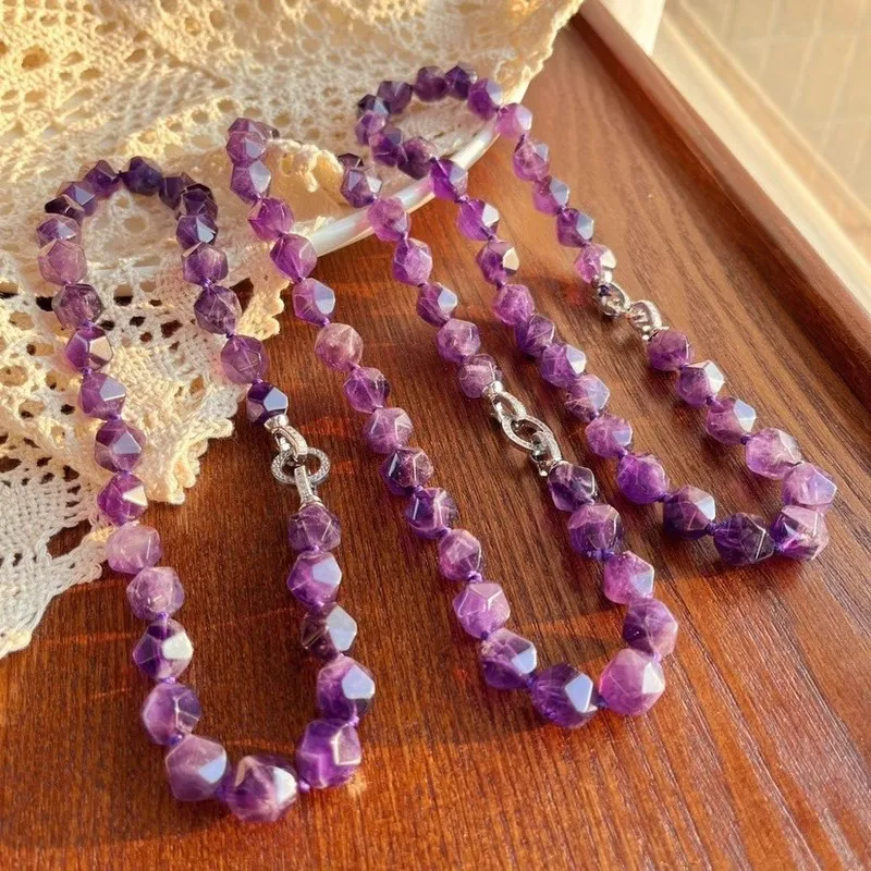 12mm natural Uruguayan amethyst necklace with irregularly shaped beads knotted design for women