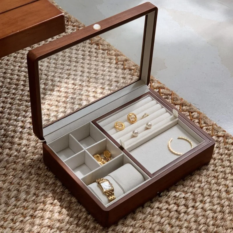 

Коробка для хранения ювелирных изделий из цельного дерева, дорожная витрина для ювелирных изделий, портативные коробки для ожерелья и сережек, прозрачные футляры для браслетов и колец