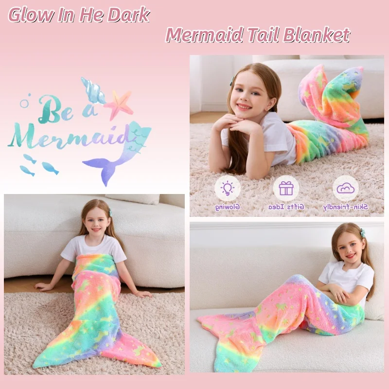 

Плед-хвост русалки с мультяшным единорогом, супермягкий фланелевый, светящийся в темноте, подарок для девочки