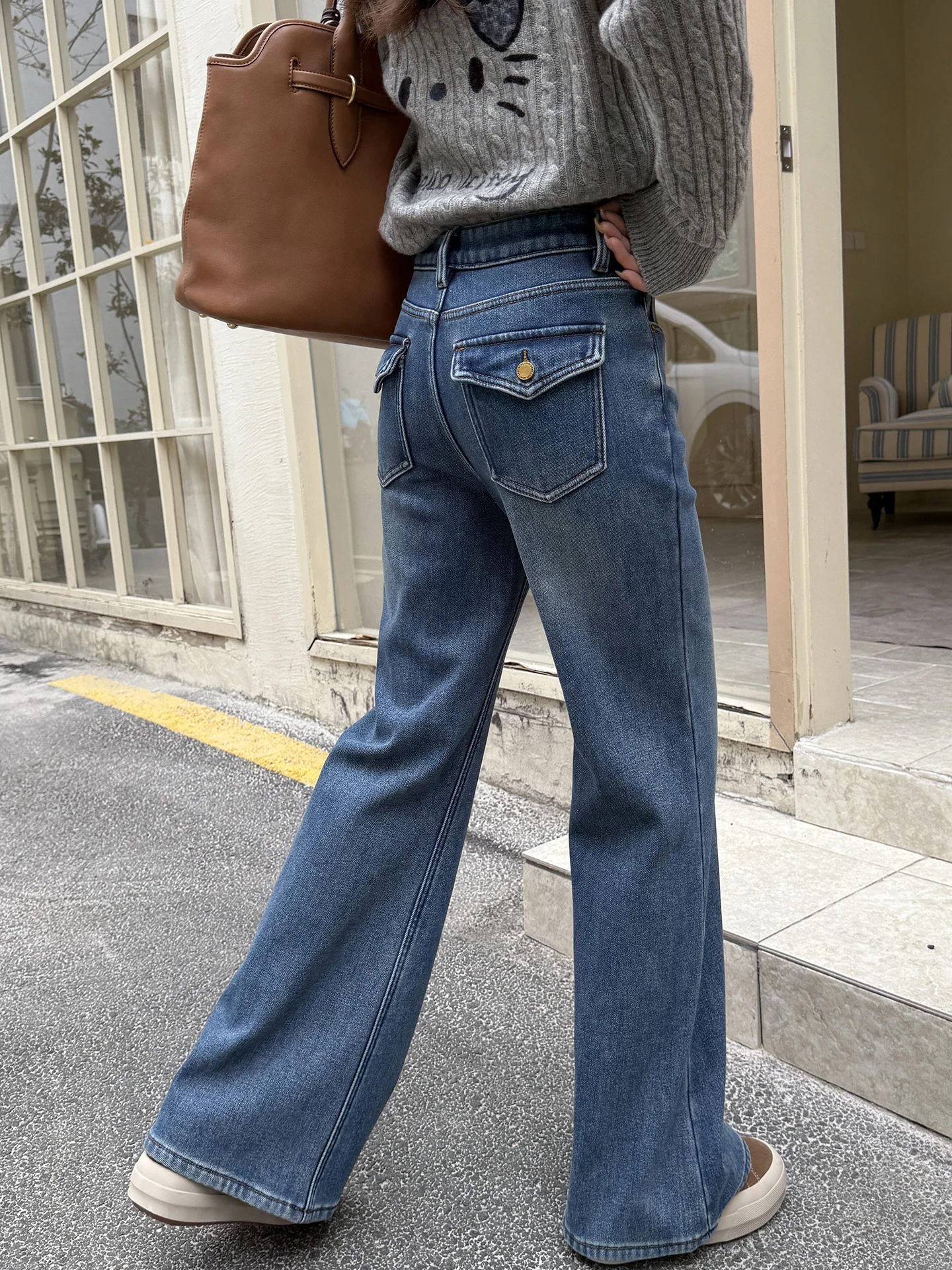 

Женские зимние джинсы-клеш с широкими штанинами и флисовой подкладкой в стиле ретро, новые, эластичные, утягивающие, повседневные, синие, из хлопка