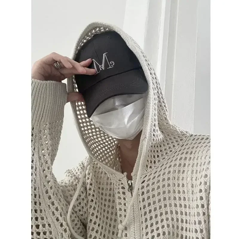 Knit Mesh Coat for Men Hole Hooded Cardigan Long Sleeve Tee Male Hollow Out Casual Summer Japanese Streetwear Hip Hop