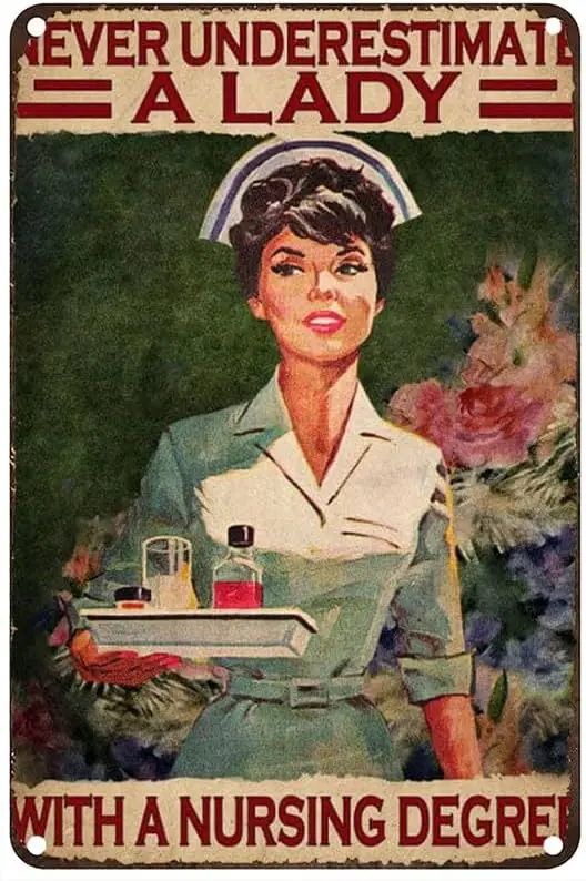 Vintage Metal Tin Sign Never Underestimate A Lady With Nursing Degree Nurse Metal Signs Home Garage Office Coffee Bar Wall  sign
