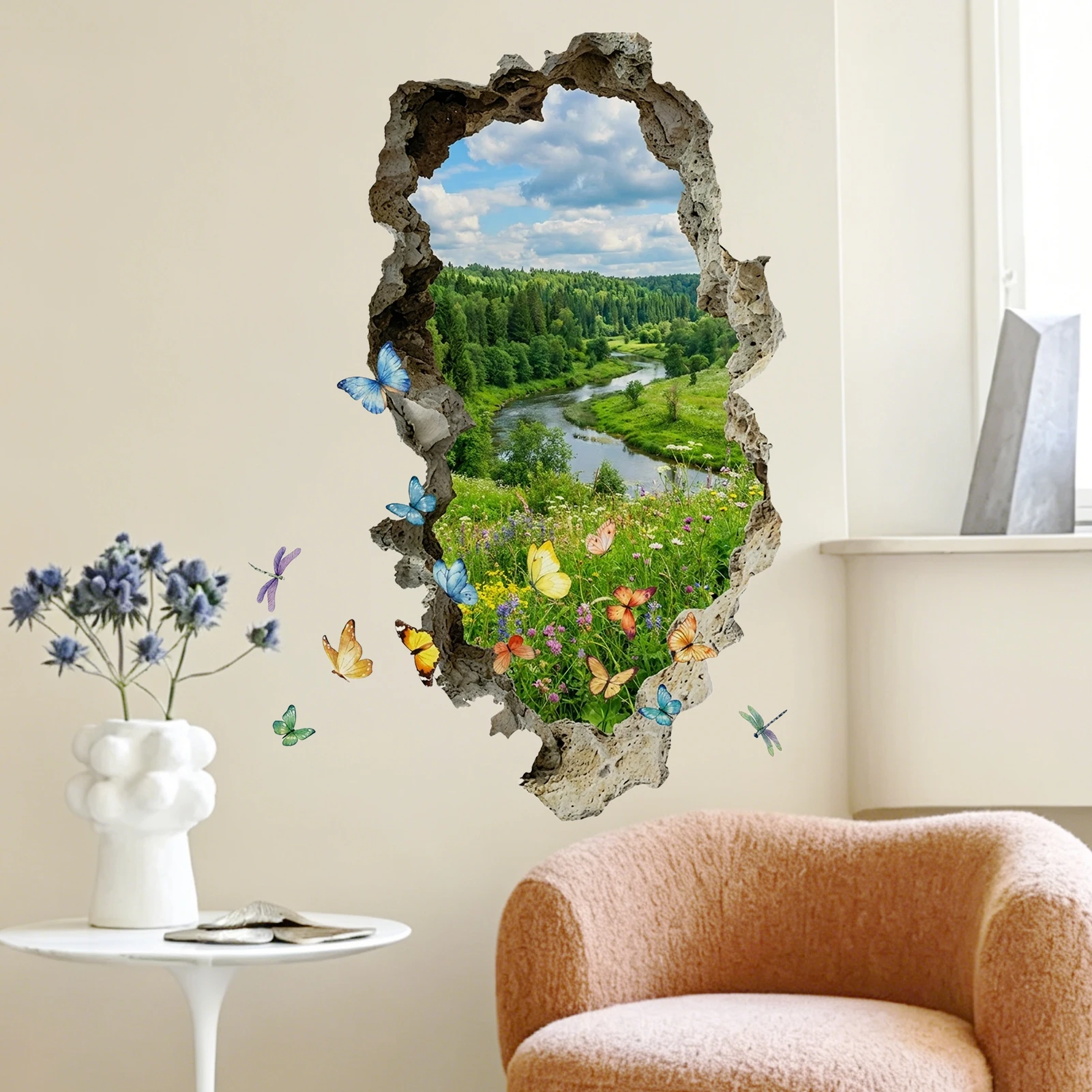 Realistic Nature Wall Sticker, Forest Meadow & Butterflies Breakthrough Vinyl Decal for Room Decor