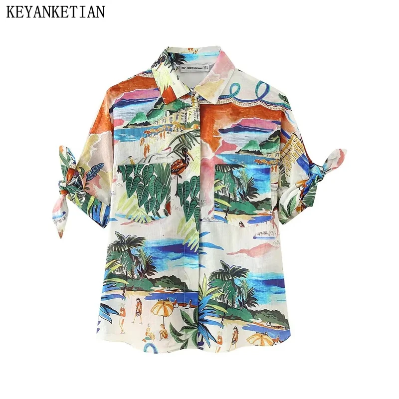 

KEYANKETIAN 2024 New Launch Women Holiday wind Printed Shirt Summer Cuff Knotted Decoration Single Breasted Blouses Vintage Top