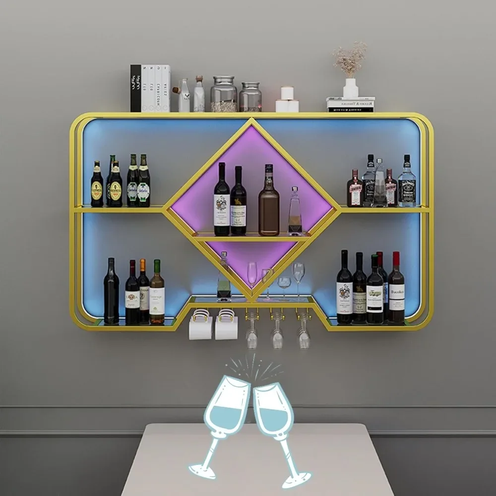 

Wine Rack Bar Shelves Wall Mounted with Hanging Wine Glass Rack Holder Mini Bar Liquor Cabinet Bar Bottle Display Shelf Floating
