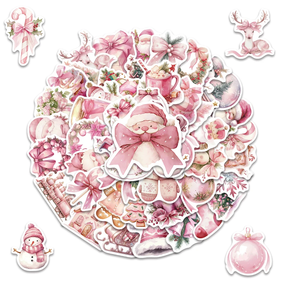 

50PCS Pink Christmas Stickers for Water Bottles Laptop Phone Luggage Guitar Decals Christmas Decorations School Rewards Gift