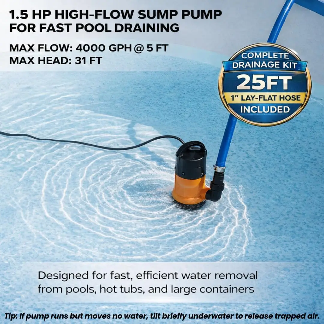 Submersible Water Pump with 25ft Hose Kit, 4000GPH Portable Utility Pump for Pools, Ponds, Basements