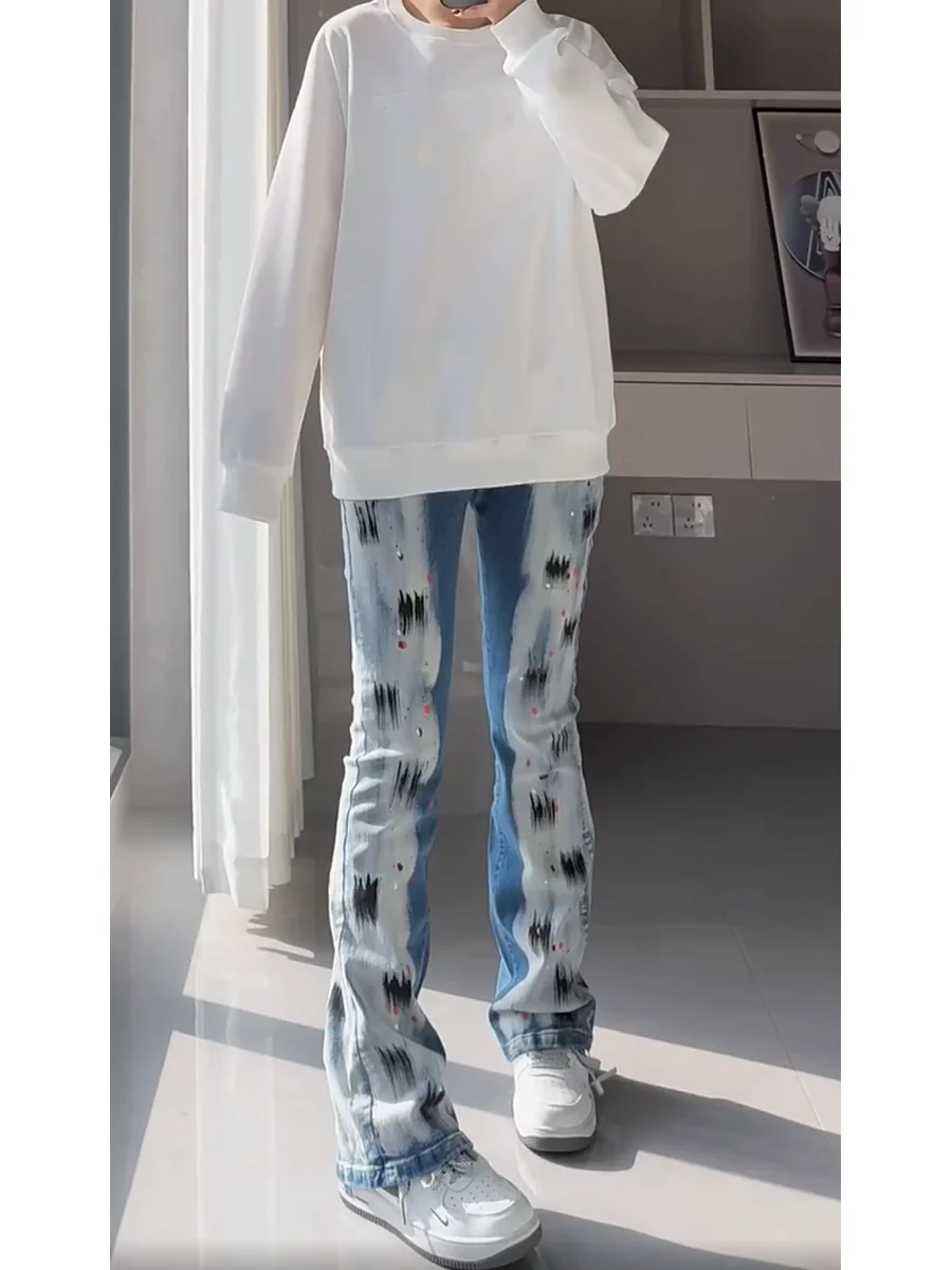 

American High Street fiti Distred Jeans Men's Color Blo adient Blue Straight Leg Slimming Micro Flared Long Trousers