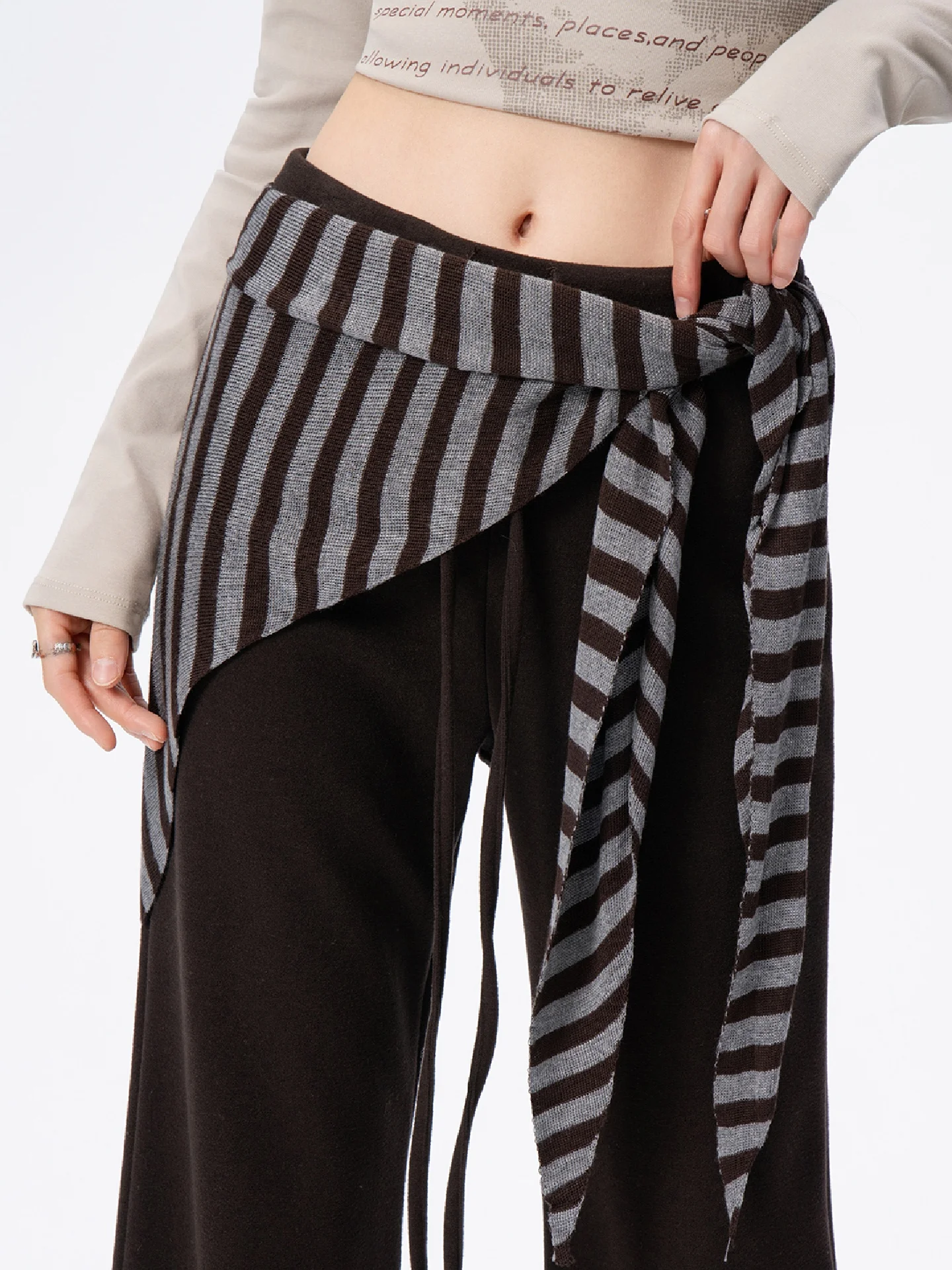 

Khaki Striped Wide Leg Pants Women's Spring Autumn New Loose Waist Casual Straight Woolen Floor-Length Trousers