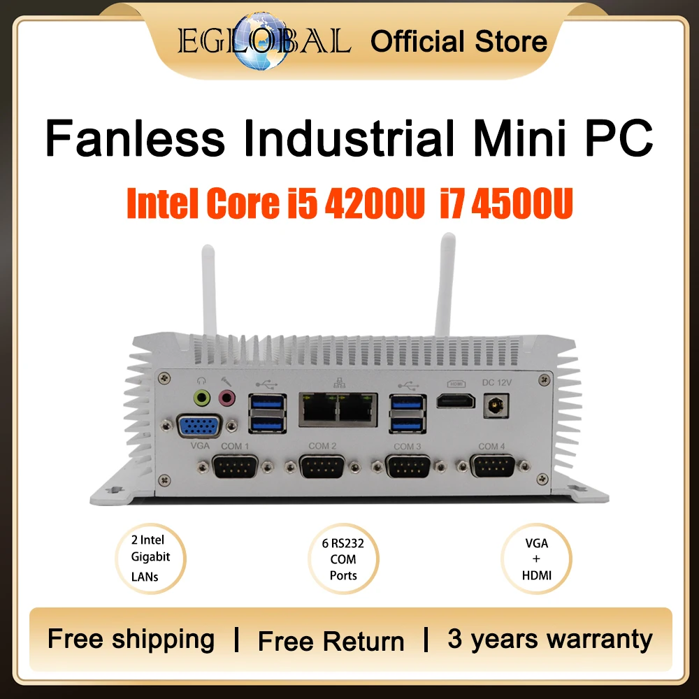 

Eglobal Fanless Industria Mini PC Core i5 i7 Pentium N3520 Win10 Pro Linux 2Lans RS232/485 COM HDMI VGA USB WiFi WatchDog 3G/4G