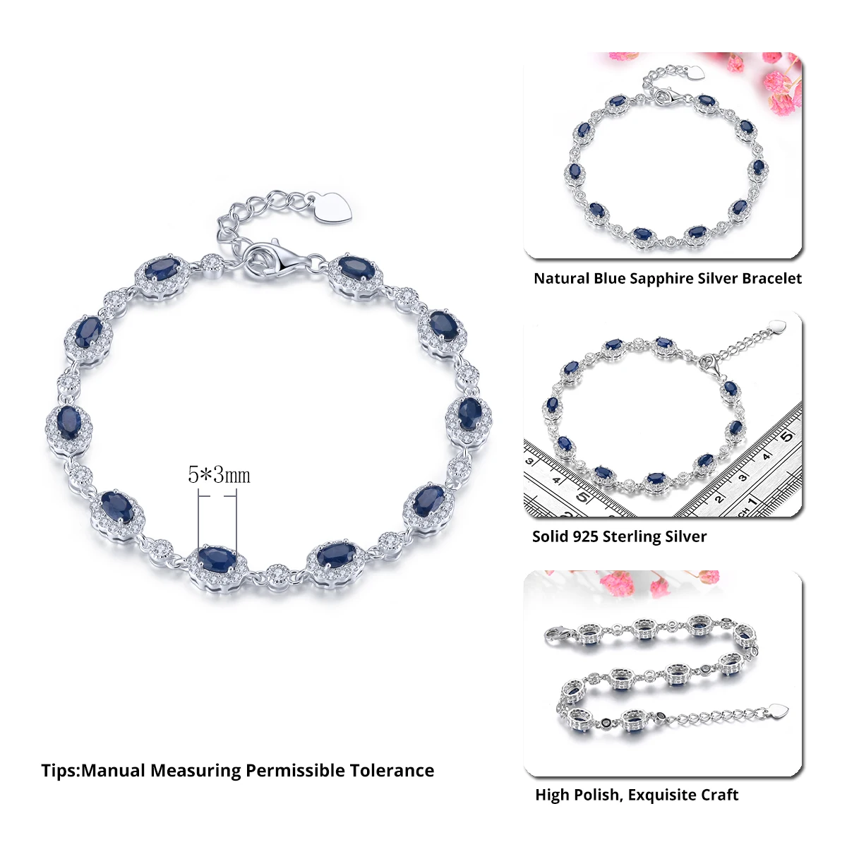 Natural Blue Sapphire Sterling Silver Bracelet 2.5 Carats Genuine Precious Gemstone Romantic Classic Women's Fine Jewelry Gifts