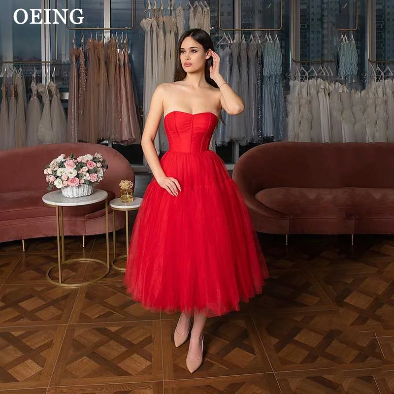 

OEING Simple A Line Prom Dresses Red Detachable Off the Shoulder Organza Tea Length Long Party Evening Dress Formal Gowns