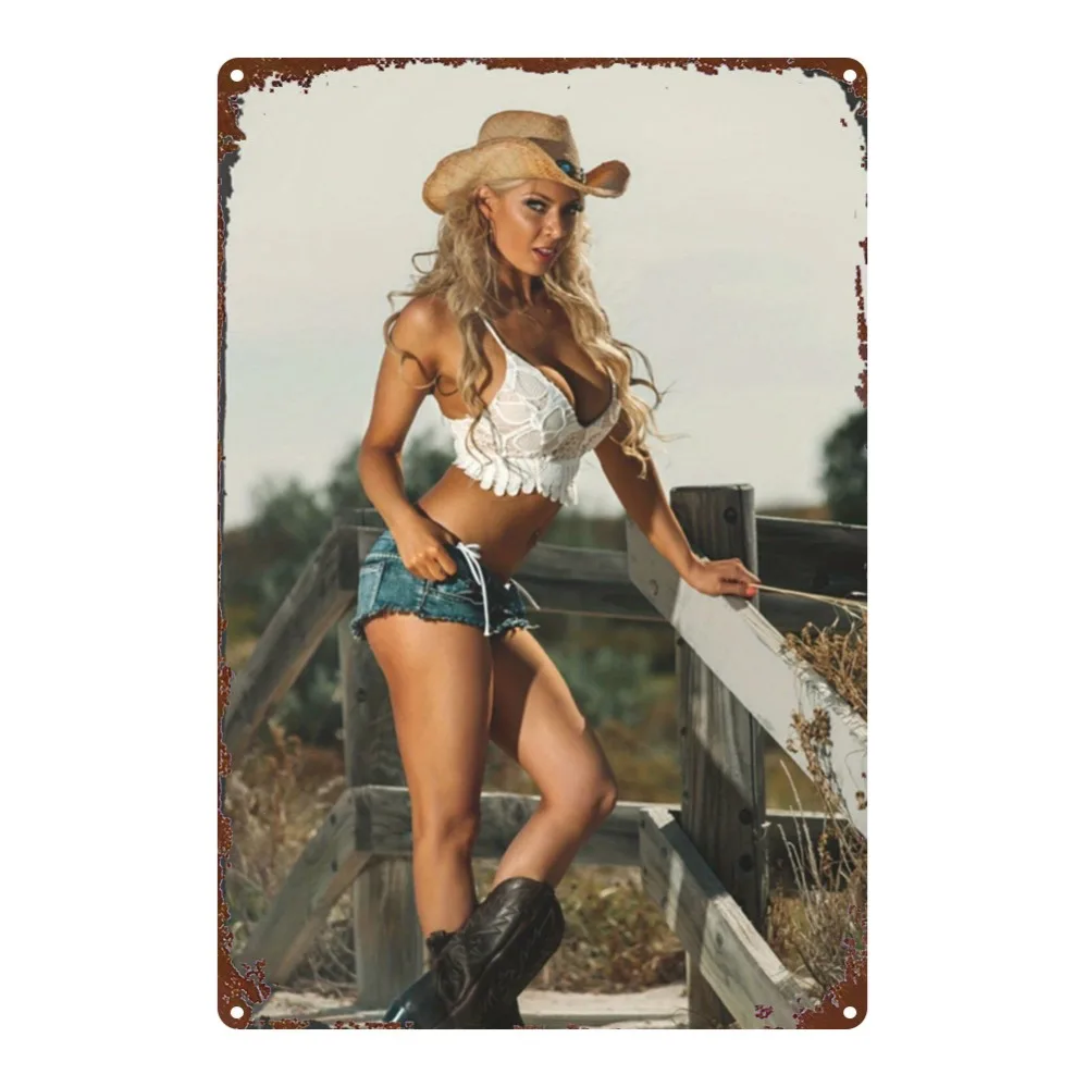 Vintage Metal Tin Sign, Sexy Cowgirl Pinup Girl with Cowboy Hat Retro Wall Art Decor for Western Bar, Ranch, Living Room, 20x