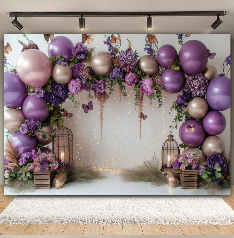 Fondo de mariposa con globos de flores moradas para bebé recién nacido, fiesta de 1er cumpleaños, pastel, Smash, fondo de fotografía de boda, estudio fotográfico