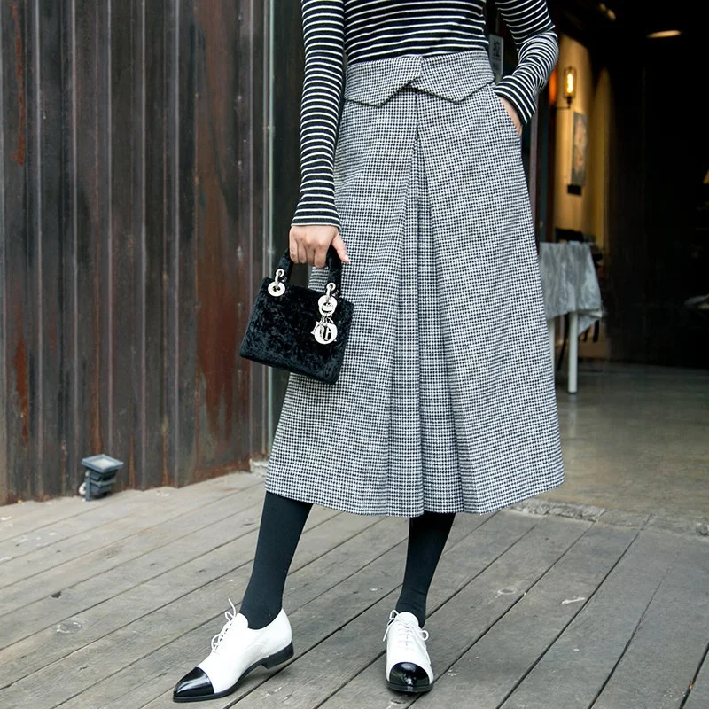 

Elwing Original Winter Faion High Waist Wide Leg Pants Women's New Arrival Plaid Design Versatile Seven-Foot Skirt Pants