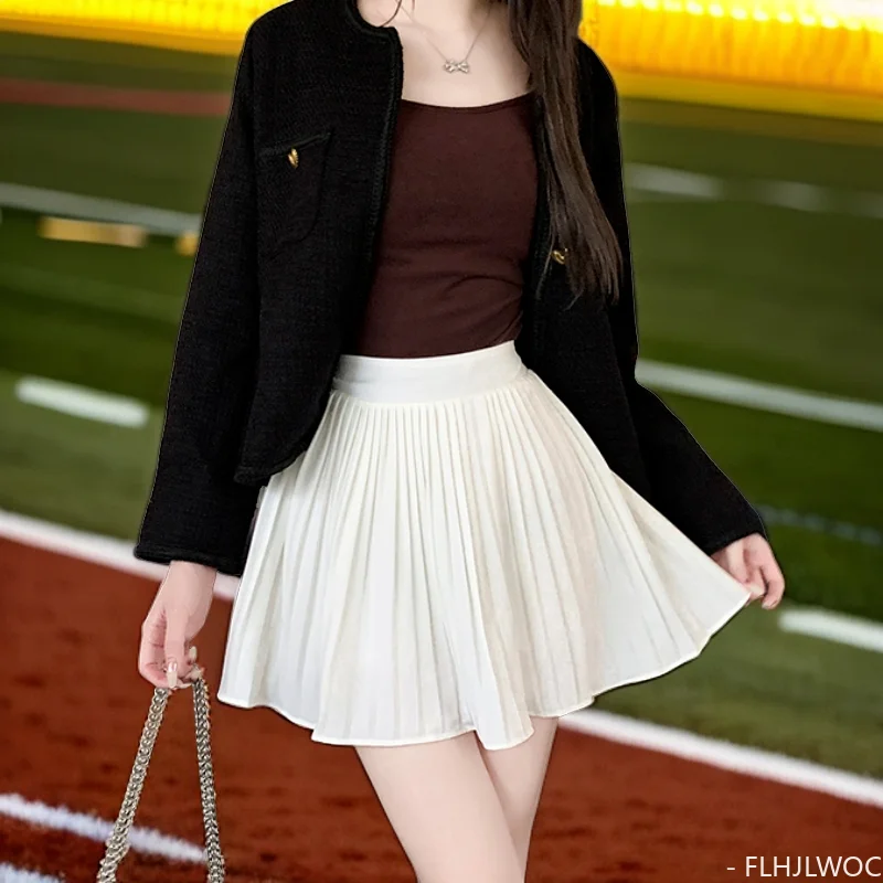 

Summer Mini Skirts Women Fashion Preppy Style Girls Cute Sweet A Line Skirt Black White Elastic Waist High Pleated Mini Skirt