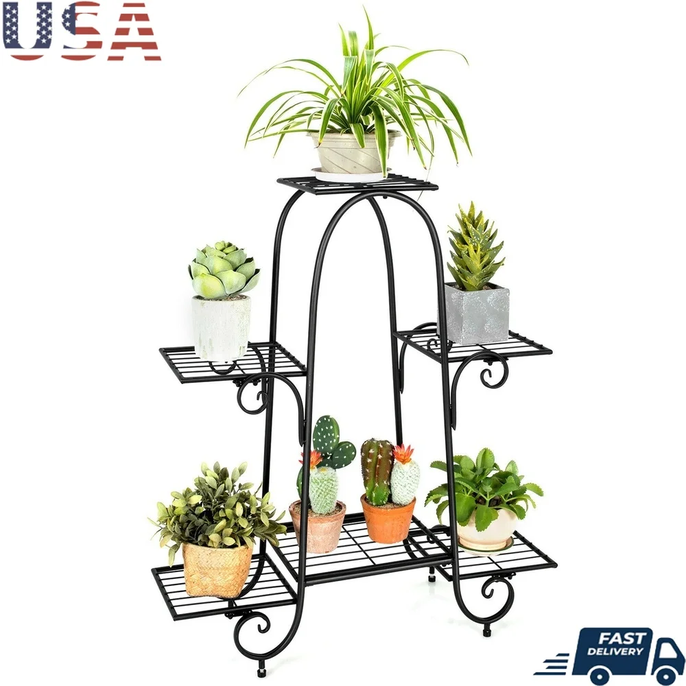

6 Tier Metal Plant Stand Vertical Flower Pot Holder Adjustable Foot Pads Indoor Outdoor Display Rack