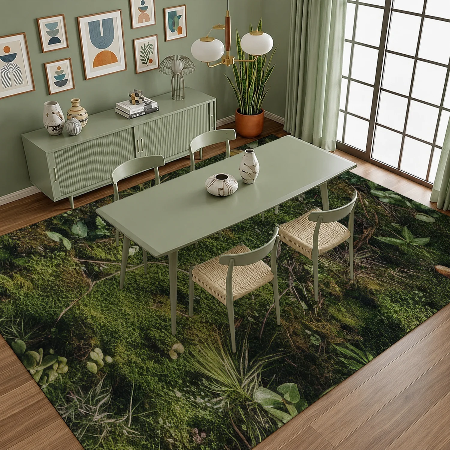 Large Indoor Area Rug Soft Velvet Low Pile Non-slip Dotted Backing Machine Washable, Mossy Forest Green Nature Pattern, Suitable for Living Room, Bedroom, Home Indoor Spaces