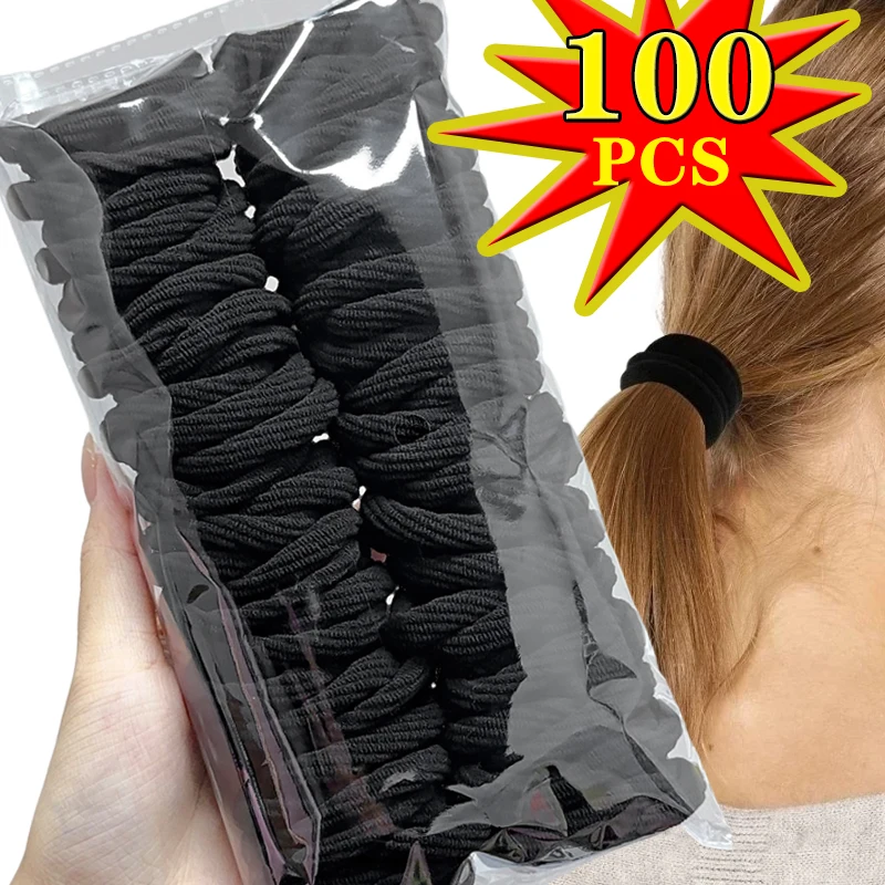 10/100PCS Women's Head Ties Elastic Seamless Towel Hair Ring Bands Ponytail Holder Black Hairband Rubber Headwear Accessories