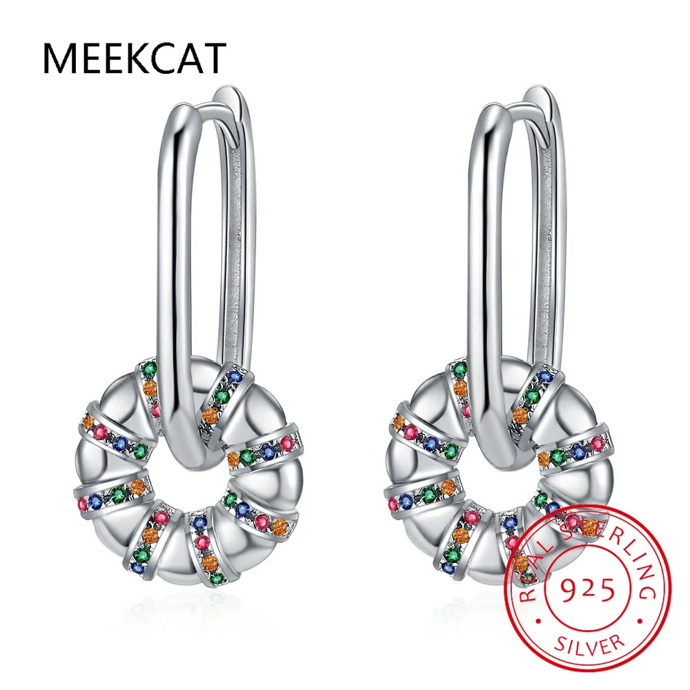 

925 Sterling Silver Colorful Zircon Rainbow Donut Hoop Earring Oval Ear Buckle for Women Sweet Jewelry Minimalist Accessories