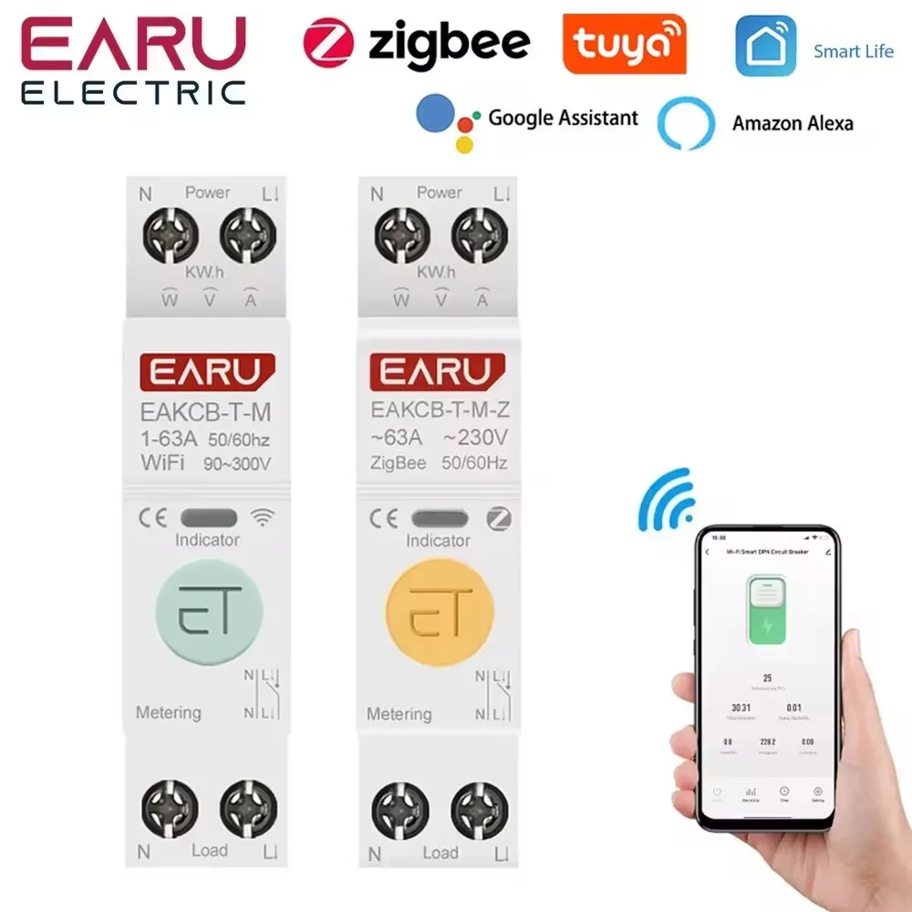 Tuya WiFi Zigbee Smart Circuit Breaker MCB 1P+N 63A Power Energy kWh Voltage Current Meter Protector Voice Remote Control Switch