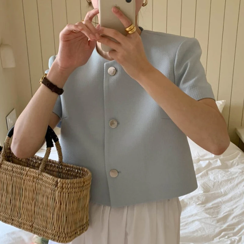 TPJB Korea 세련된 여름 자켓 작은 향기 바람 라운드 넥 싱글 브레스트 루즈 캐주얼 버블 슬리브 짧은 코트 여성