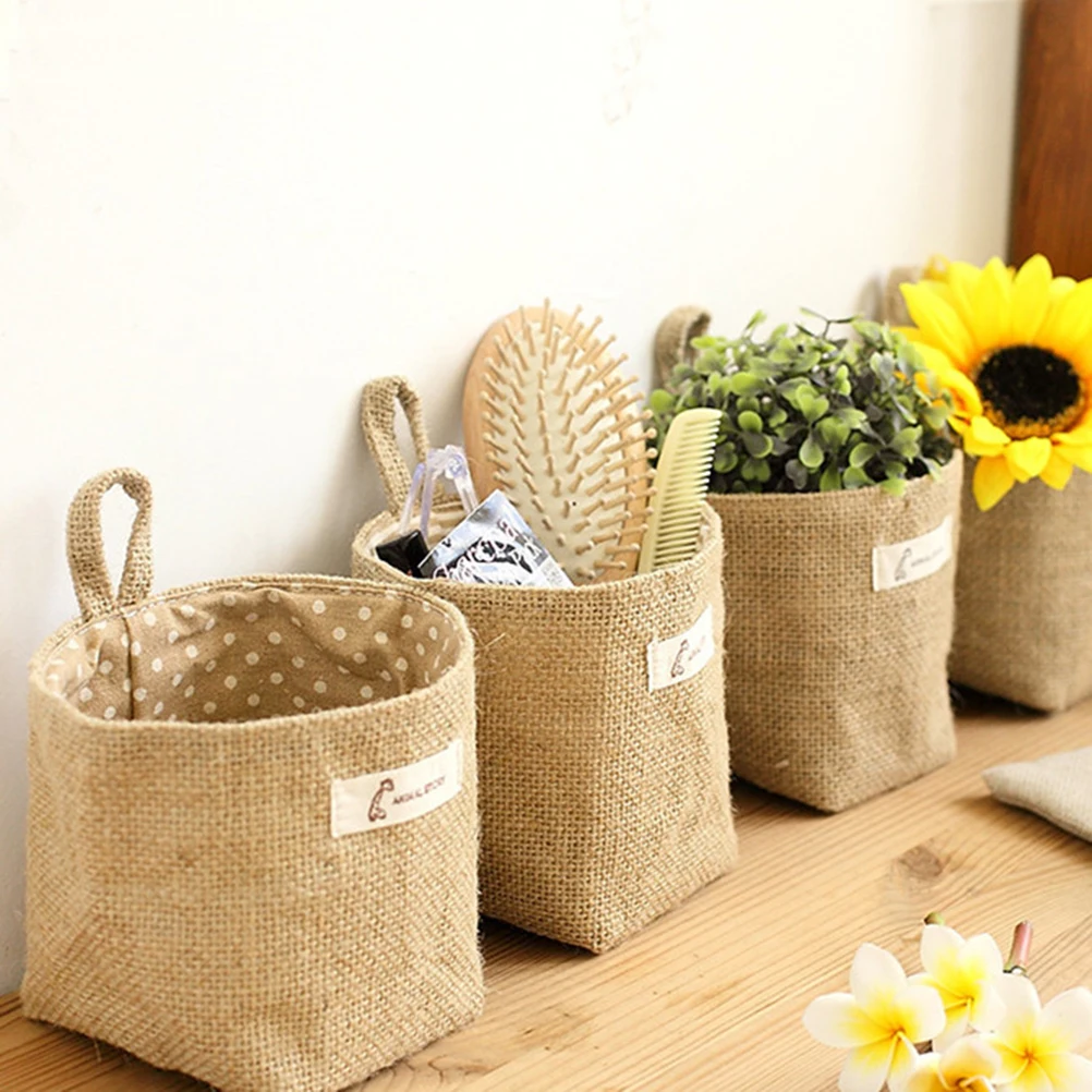 

Storage Bag Blue Striped Jute Fabric Organizer Hanging Basket Burlap Wall Mounted Sack for Cosmetics Clothes Toys Tools