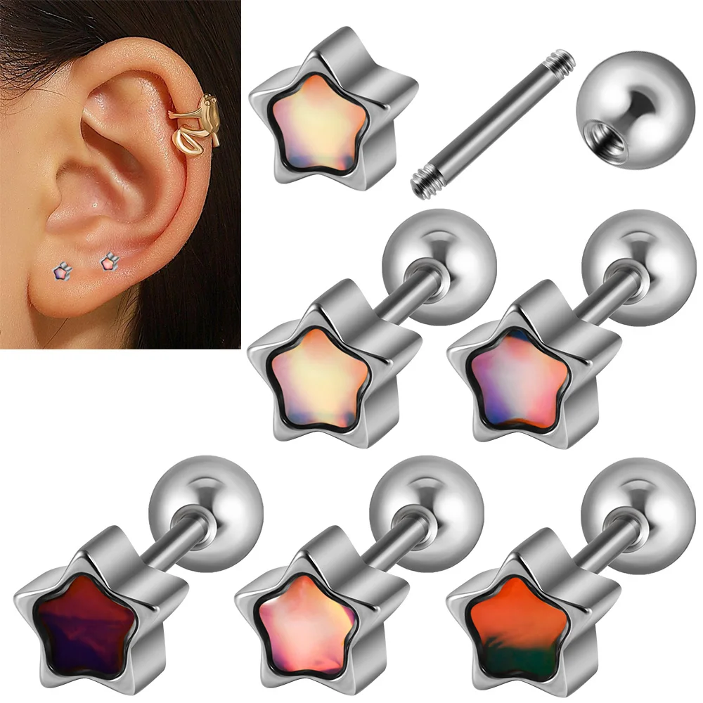 1PC Surgical Steel Flash Film Pentagram Earring Studs Externally Threaded Ball Ear Cartilage Tragus Body Piercing Jewelry 20G