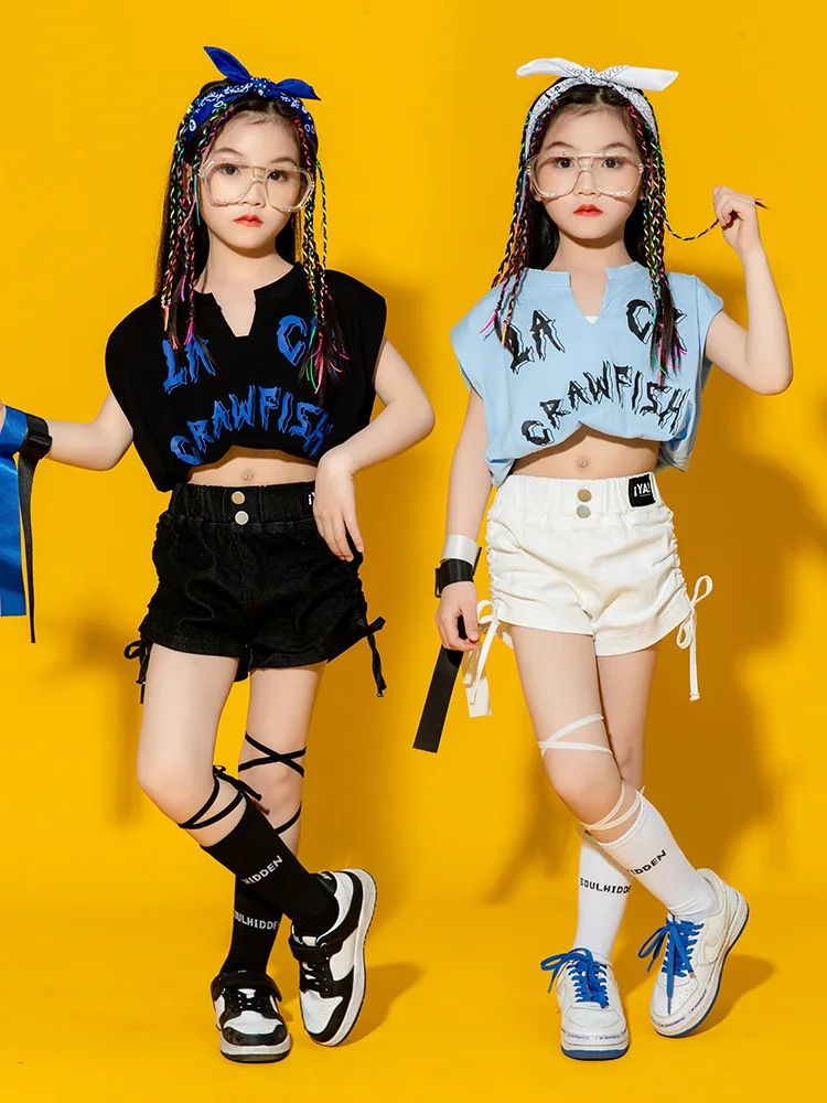 

Kid Hip Hop Clothing Blue Strap Crop T Shirt Top White Street Side Drawstring Shorts for Girls Jazz Dance Wear Costumes Clothes
