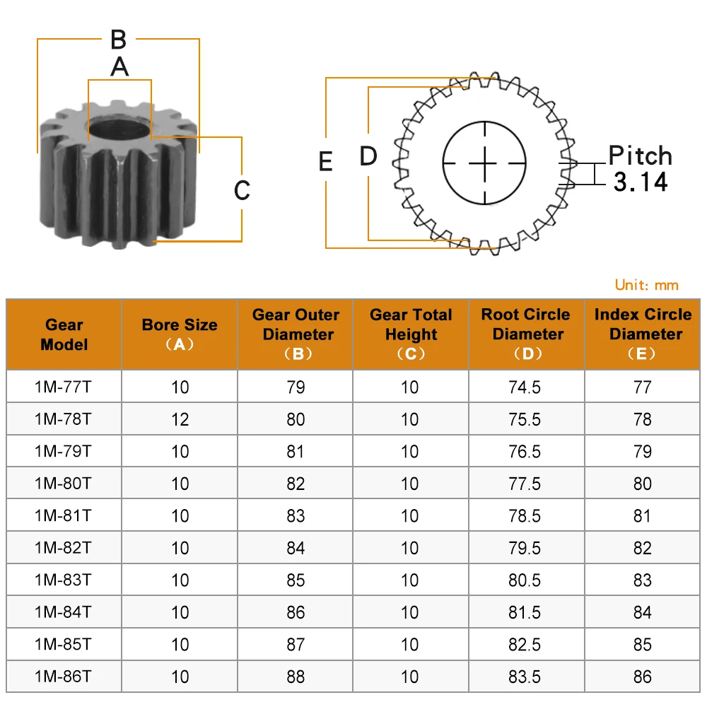 Spur Gear 1M-77T/78T/79T/80T/81T/82T/83T/84T/85T/86T Teeth Pitch 3.14 mm Total Height 10 mm Gear Wheel Carbon Steel Blackening