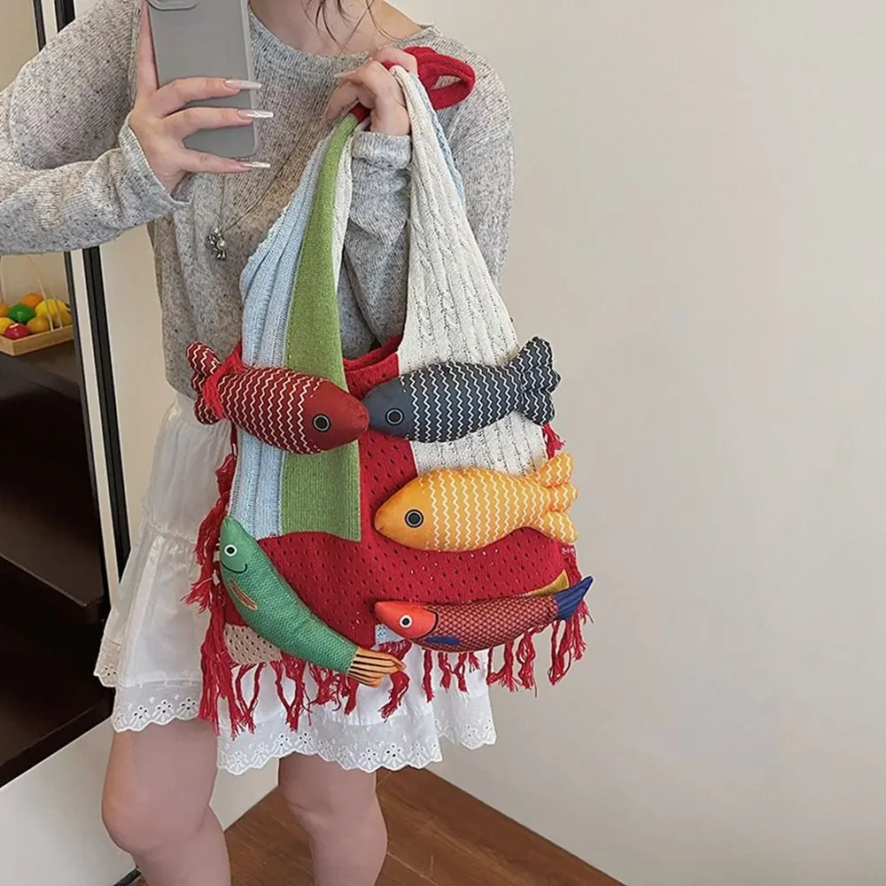 

Casual Summer Cotten Crochet Shoulder Bag Fish Large Capacity Hollow Out Weave Bag Fashion Simple Tassels Beach Handbag Summer