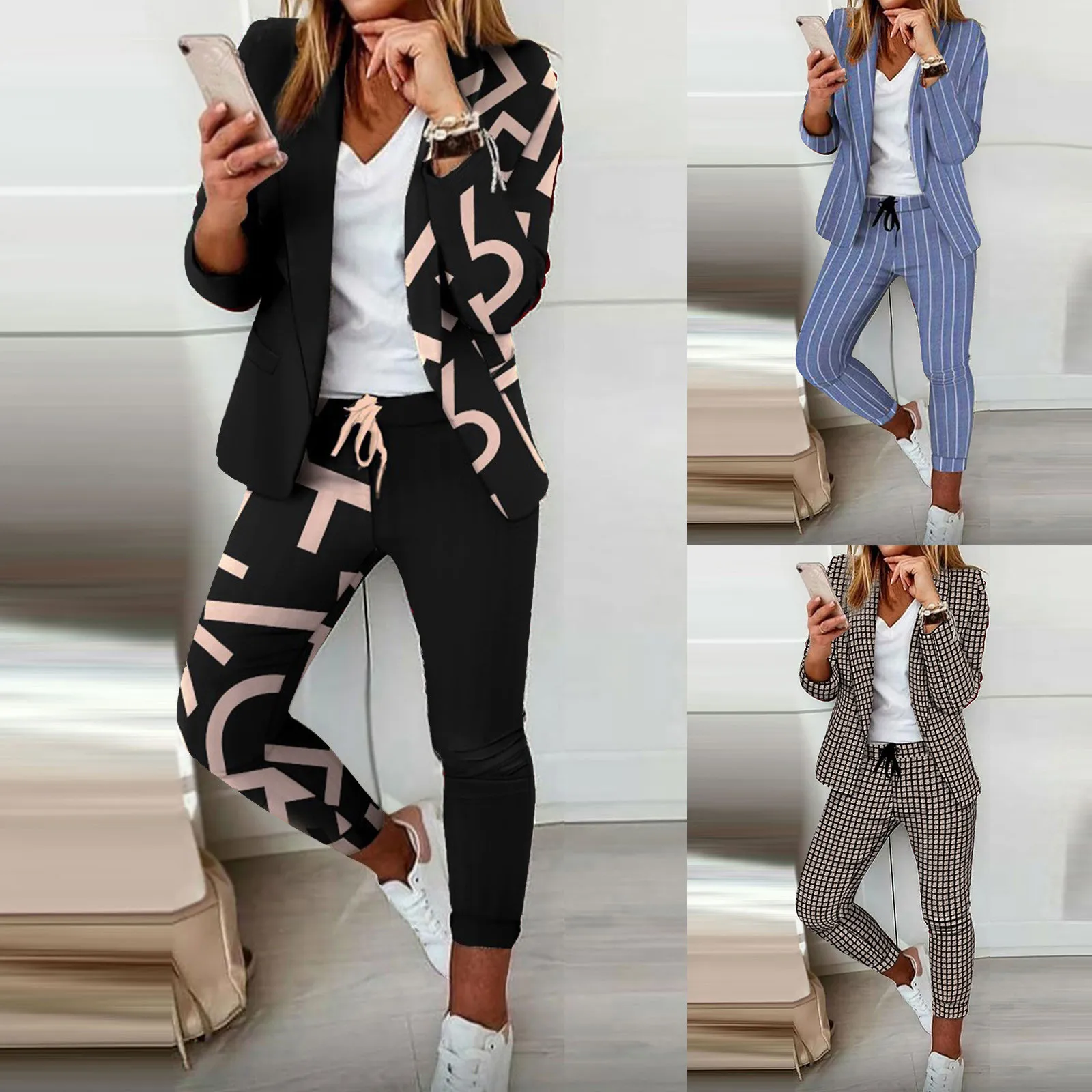 Women'S 2pc Casual Light Weight Thin Jacket Slim Coat Long Sleeve Business Pants+Coat Jacket Outwear Suits Letter Causal Clothes