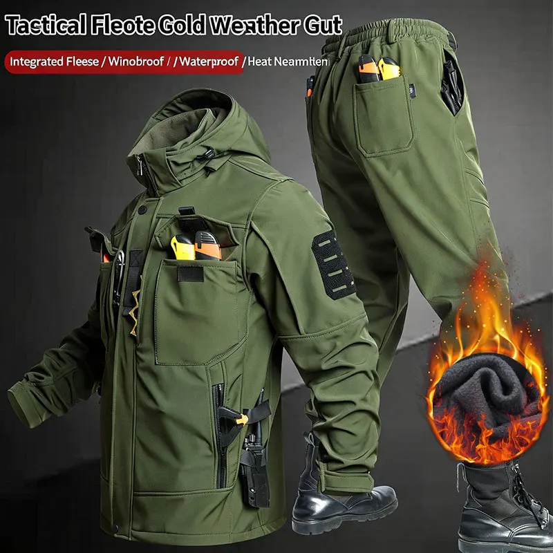 Men's Fleece Lined Tactical 2 Piece Set, Softshell Hooded Jacket & Cargo Pants, Windproof Water Resistant Winter Outdoor Suit