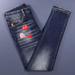 High Street Fashion men's jeans retro decal painted blue elastic slim fit corrugated jeans designer hip-hop brand pants Hombre