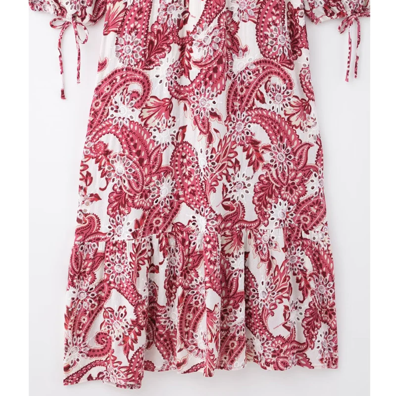 MUJER Abiti lunghi ricamati con stampa per donna Abito longuette Boho con cutwork Abito estivo da donna a maniche lunghe Abito da spiaggia casual